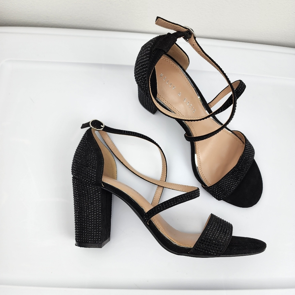 Kelly & Katie Paloona Rhinestones Block Heels Sandals Strappy Pumps Black 9M - Picture 12 of 12